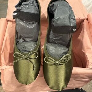 Miu Miu Olive Green Satin Ballet Flats 39
